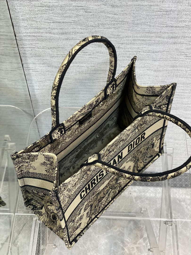 Medium Dior Book Tote M1296 Beige and Black Toile de Jouy Embroidery
