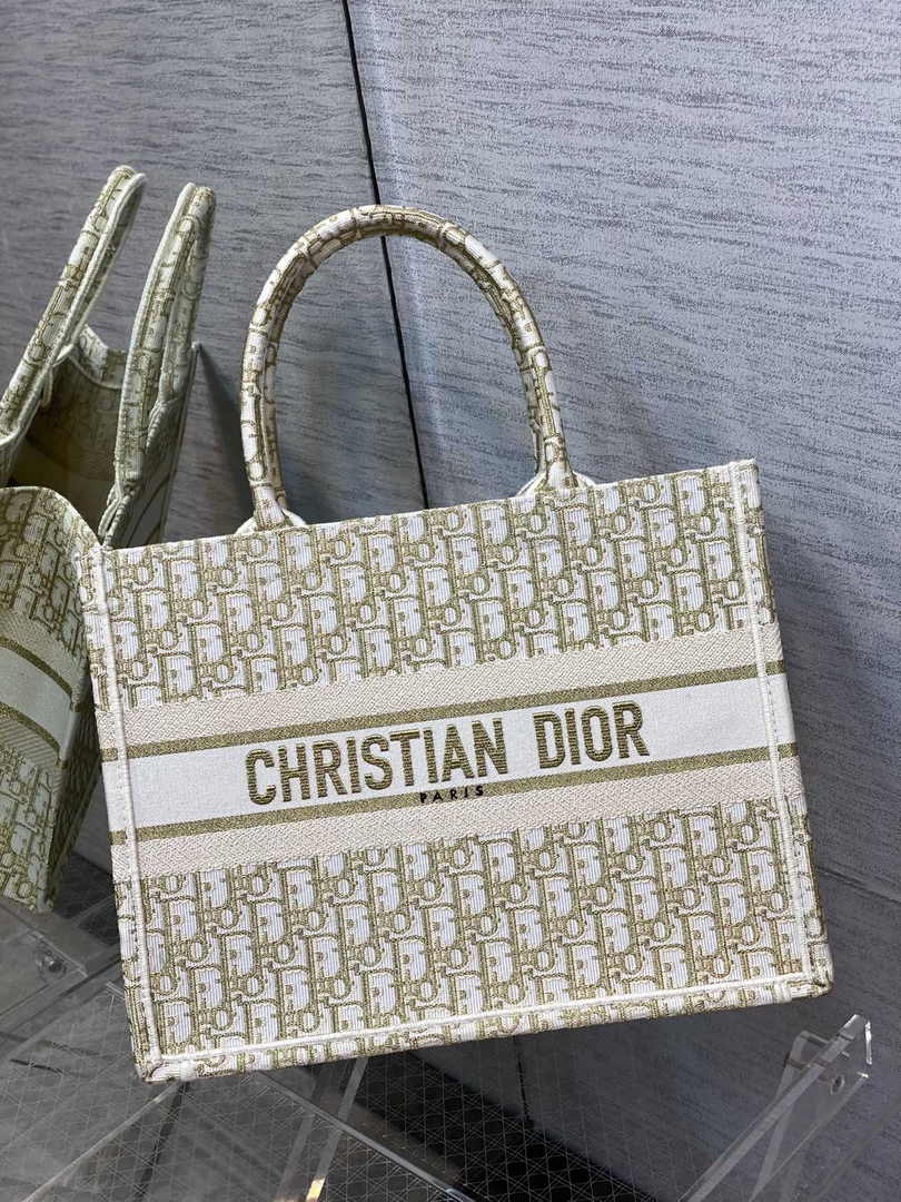 Medium Dior Book Tote M1296 White and Gold-Tone Dior Oblique Embroidery