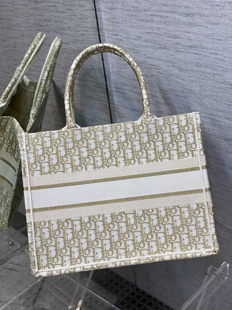 Medium Dior Book Tote M1296 White and Gold-Tone Dior Oblique Embroidery