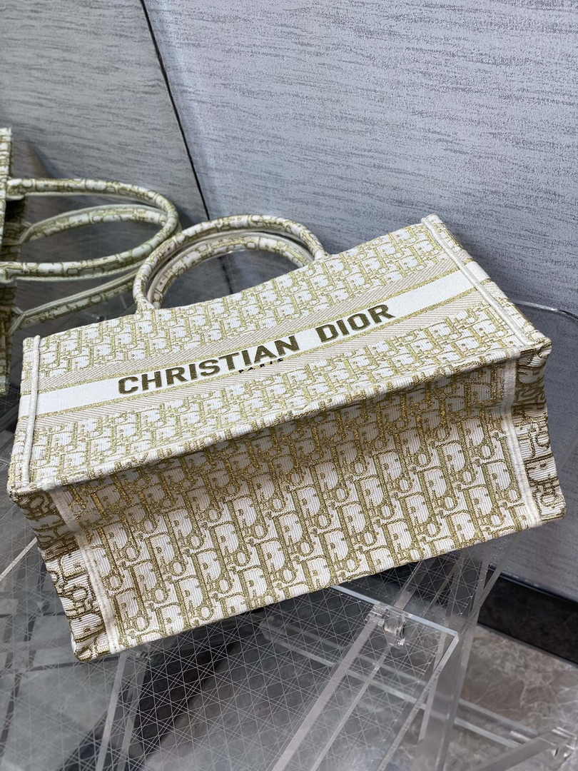 Medium Dior Book Tote M1296 White and Gold-Tone Dior Oblique Embroidery