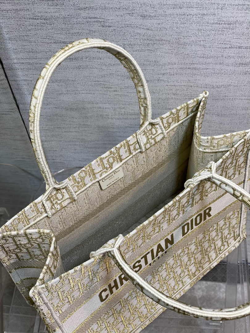 Medium Dior Book Tote M1296 White and Gold-Tone Dior Oblique Embroidery