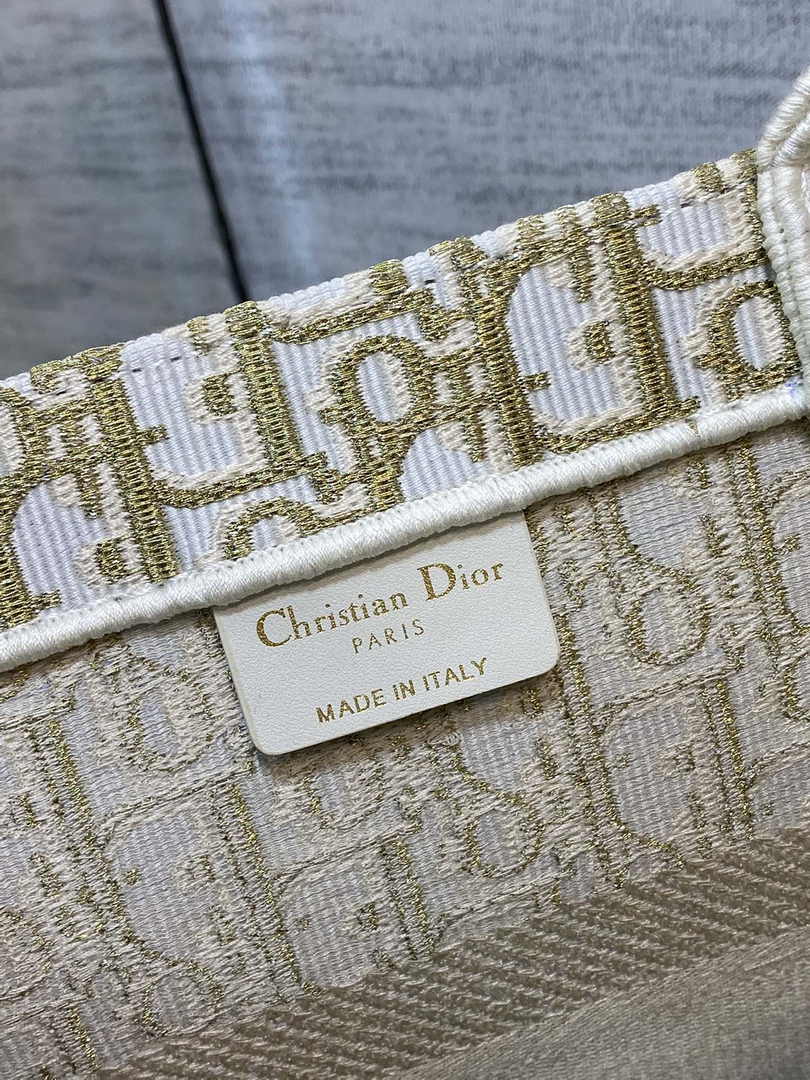 Medium Dior Book Tote M1296 White and Gold-Tone Dior Oblique Embroidery