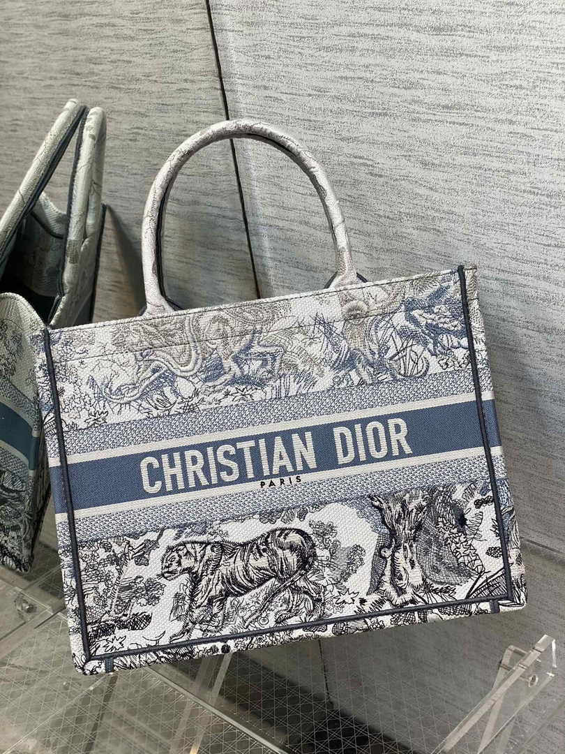Medium Dior Book Tote M1296 Beige and Blue Toile de Jouy Embroidery