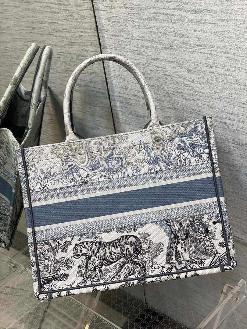 Medium Dior Book Tote M1296 Beige and Blue Toile de Jouy Embroidery