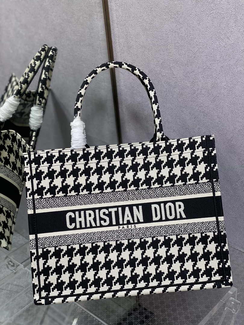 Medium Dior Book Tote M1296 Black Houndstooth Embroidery
