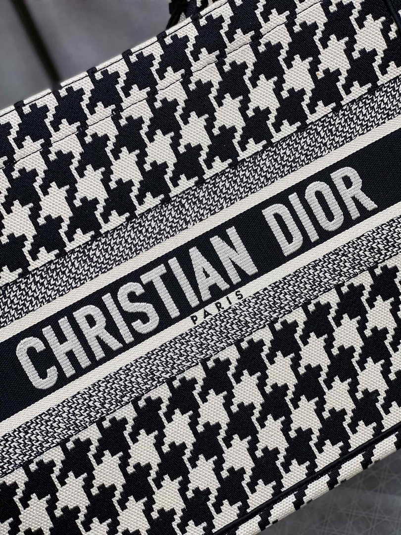 Medium Dior Book Tote M1296 Black Houndstooth Embroidery