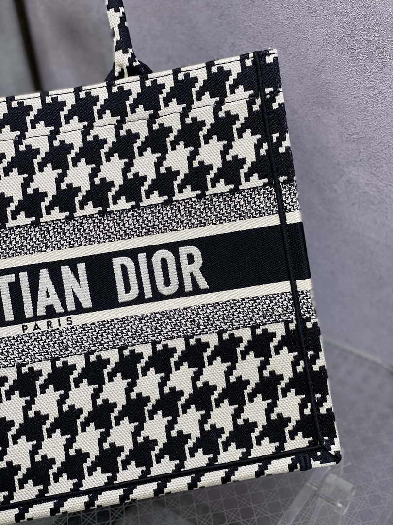 Medium Dior Book Tote M1296 Black Houndstooth Embroidery