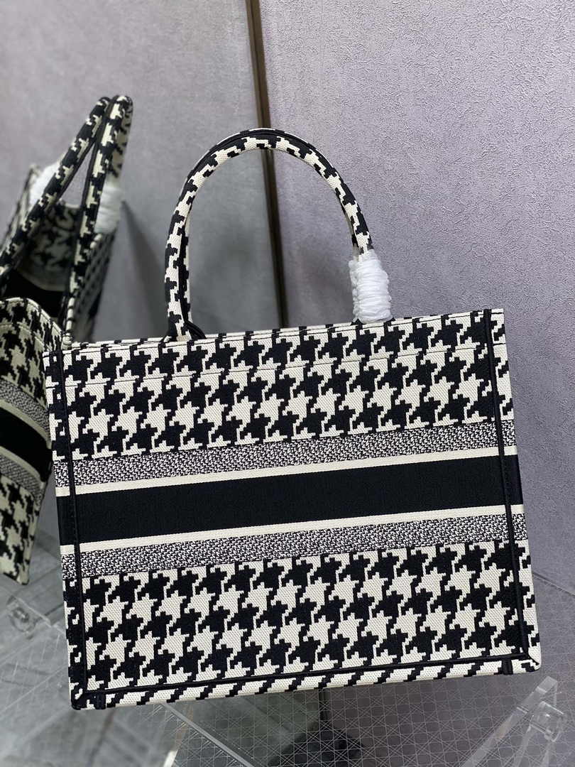 Medium Dior Book Tote M1296 Black Houndstooth Embroidery