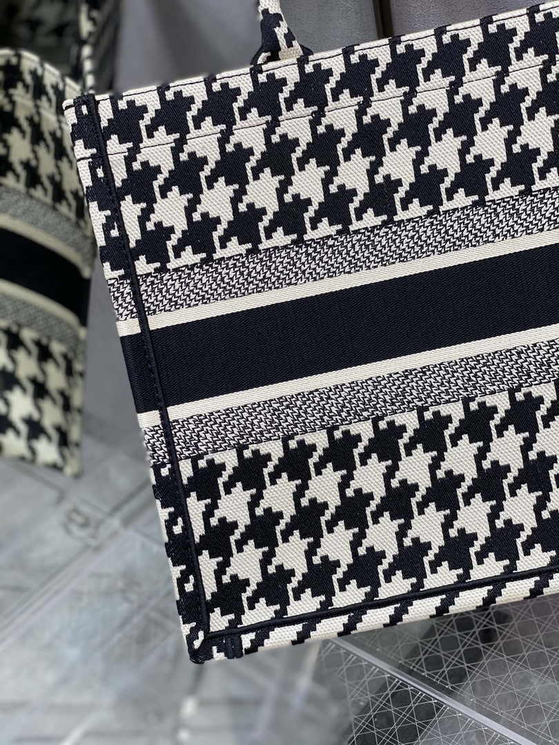 Medium Dior Book Tote M1296 Black Houndstooth Embroidery