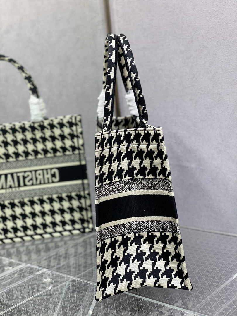 Medium Dior Book Tote M1296 Black Houndstooth Embroidery