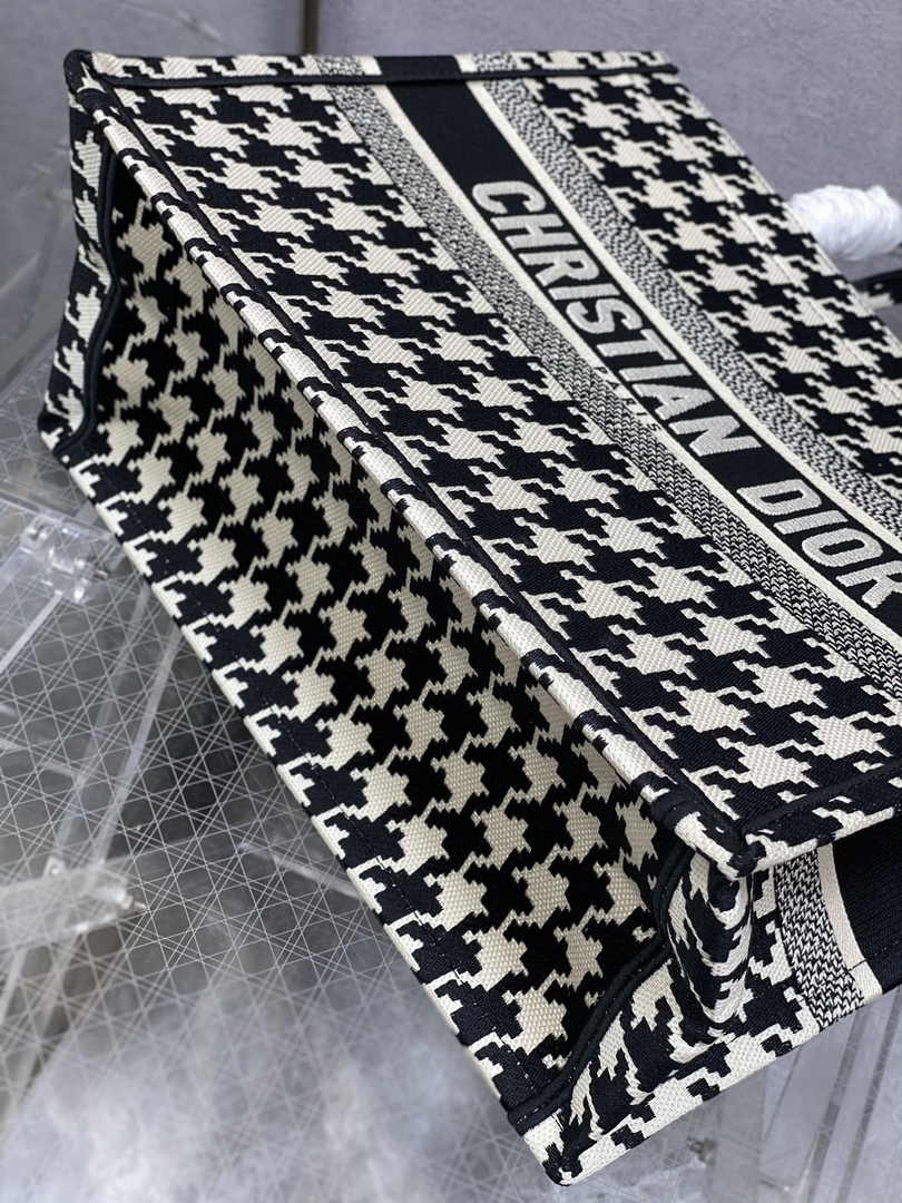 Medium Dior Book Tote M1296 Black Houndstooth Embroidery