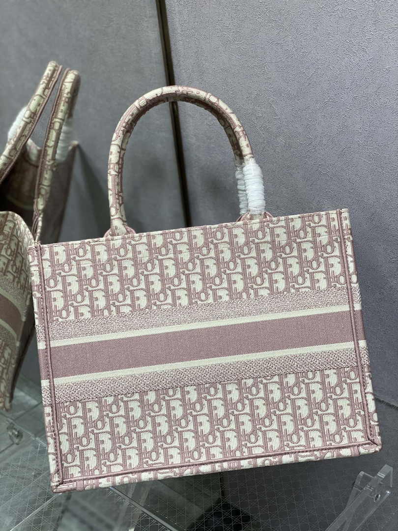 Medium Dior Book Tote M1296 Pink Dior Oblique Embroidery