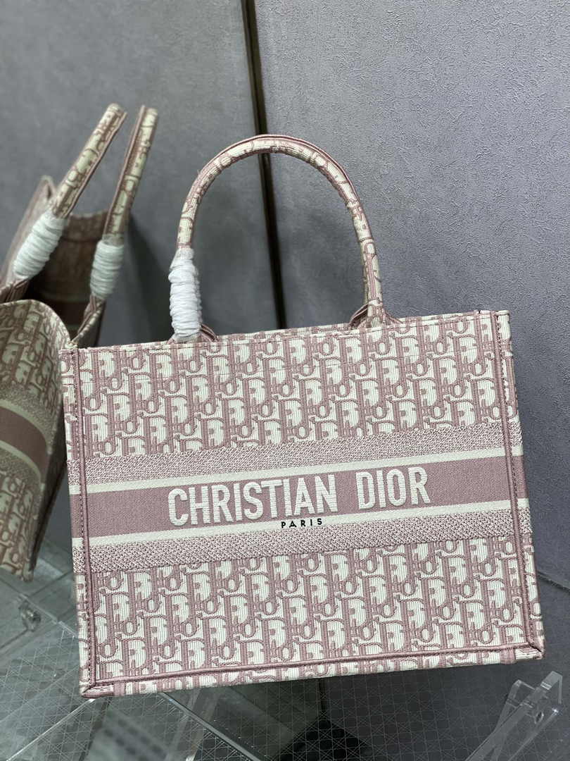 Medium Dior Book Tote M1296 Pink Dior Oblique Embroidery
