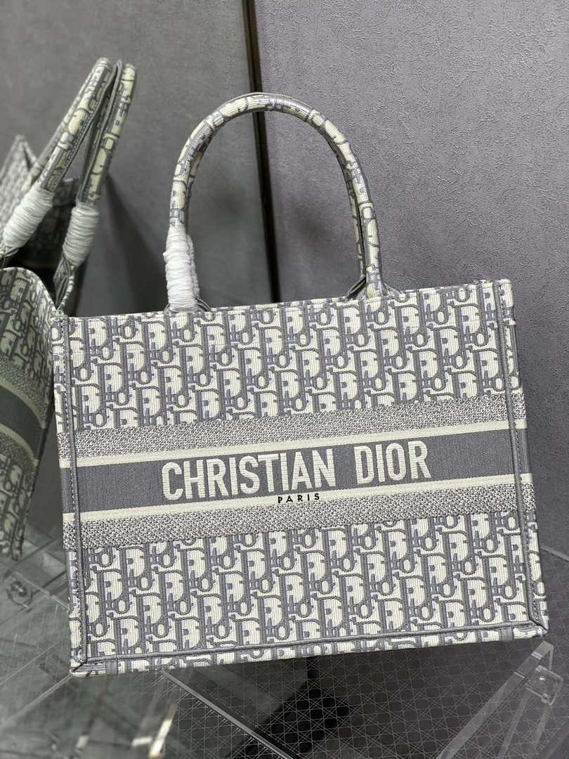 Medium Dior Book Tote M1296 Ecru and Gray Dior Oblique Embroidery