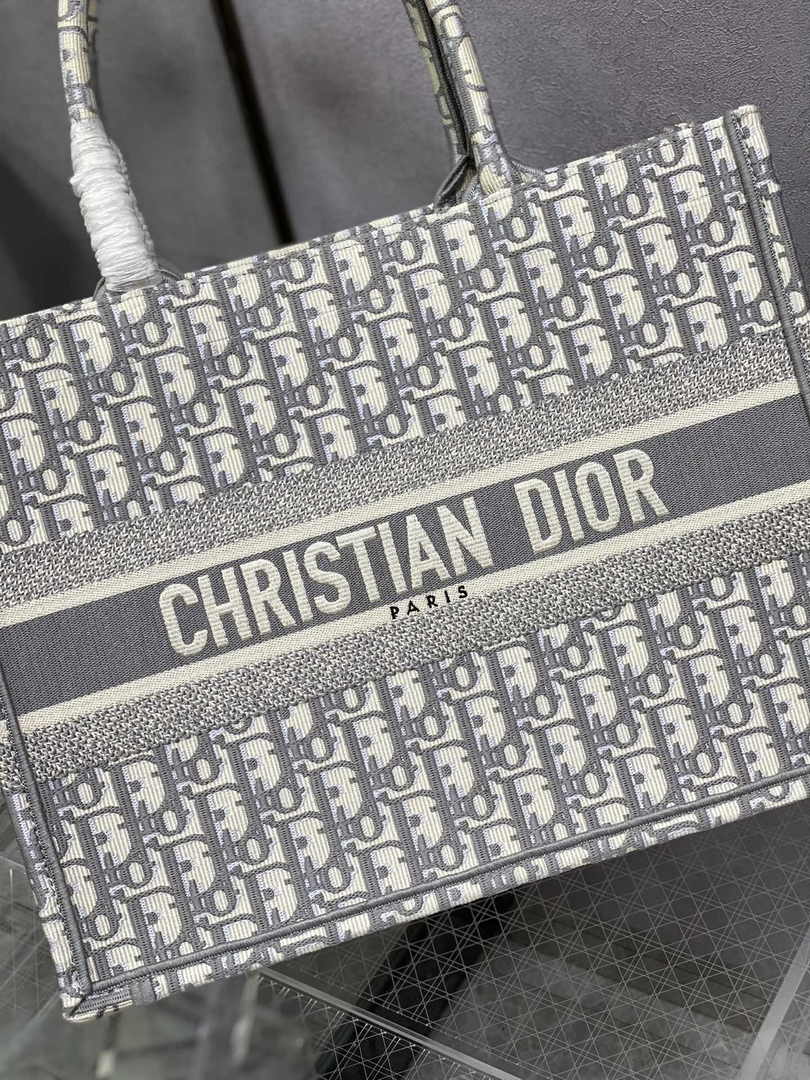Medium Dior Book Tote M1296 Ecru and Gray Dior Oblique Embroidery