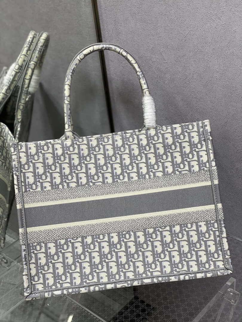 Medium Dior Book Tote M1296 Ecru and Gray Dior Oblique Embroidery