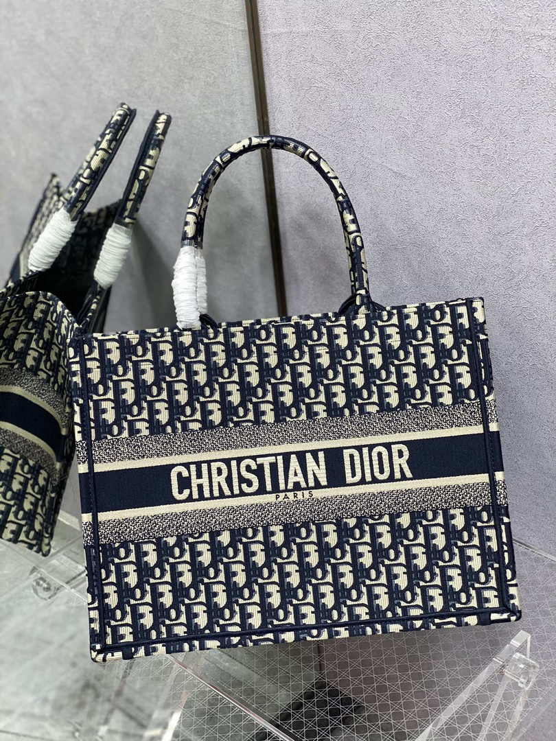 Medium Dior Book Tote M1296 Ecru and Blue Dior Oblique Embroidery