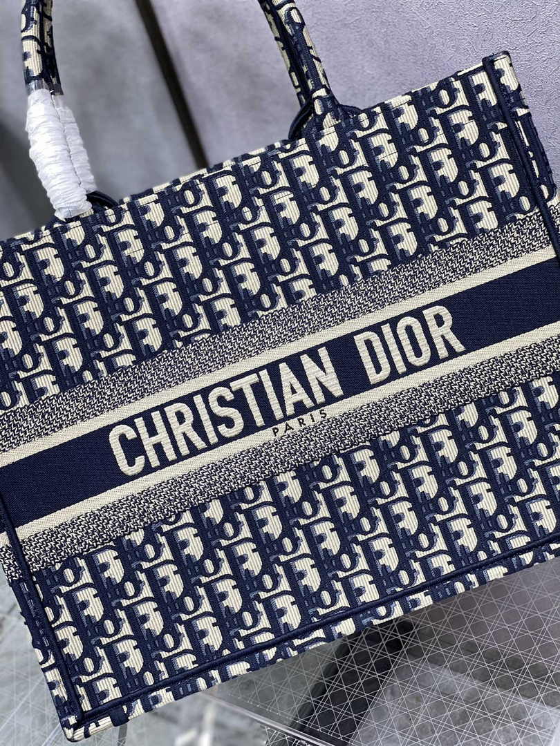 Medium Dior Book Tote M1296 Ecru and Blue Dior Oblique Embroidery