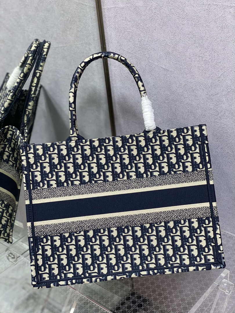 Medium Dior Book Tote M1296 Ecru and Blue Dior Oblique Embroidery