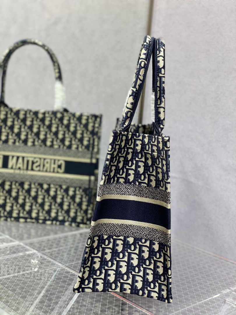 Medium Dior Book Tote M1296 Ecru and Blue Dior Oblique Embroidery