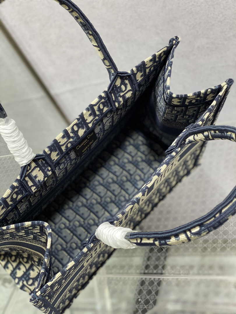 Medium Dior Book Tote M1296 Ecru and Blue Dior Oblique Embroidery