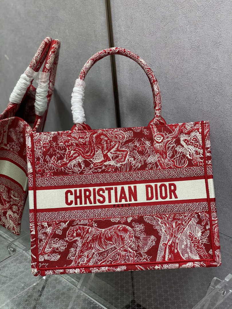 Medium Dior Book Tote M1296 Red Toile de Jouy Embroidery
