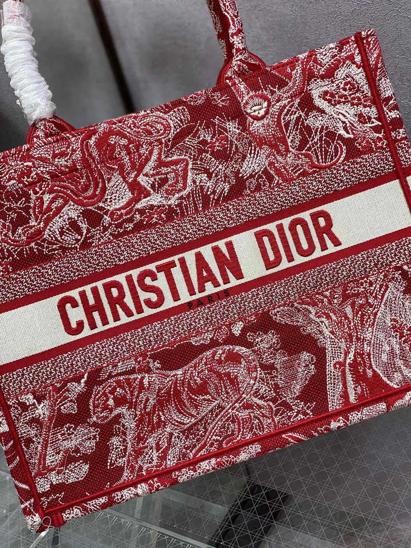 Medium Dior Book Tote M1296 Red Toile de Jouy Embroidery
