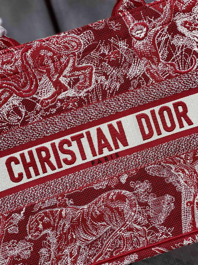 Medium Dior Book Tote M1296 Red Toile de Jouy Embroidery