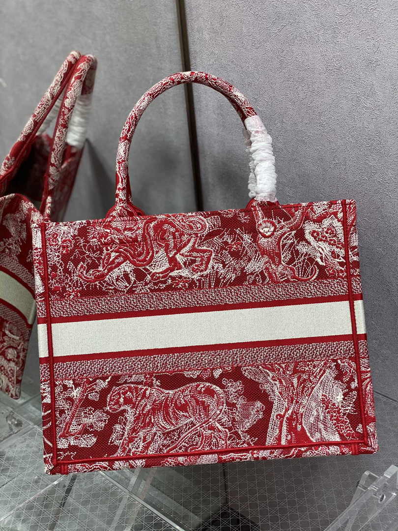 Medium Dior Book Tote M1296 Red Toile de Jouy Embroidery