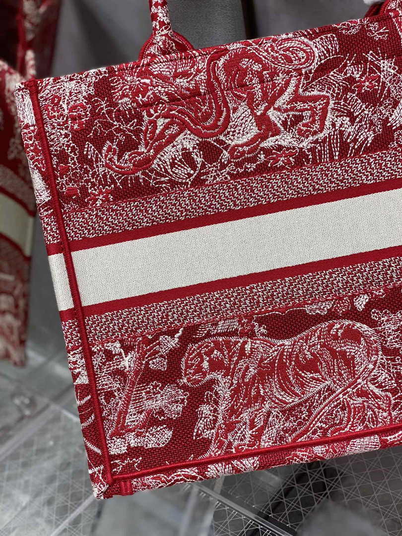 Medium Dior Book Tote M1296 Red Toile de Jouy Embroidery