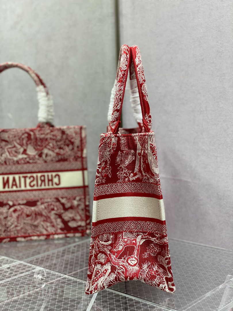 Medium Dior Book Tote M1296 Red Toile de Jouy Embroidery