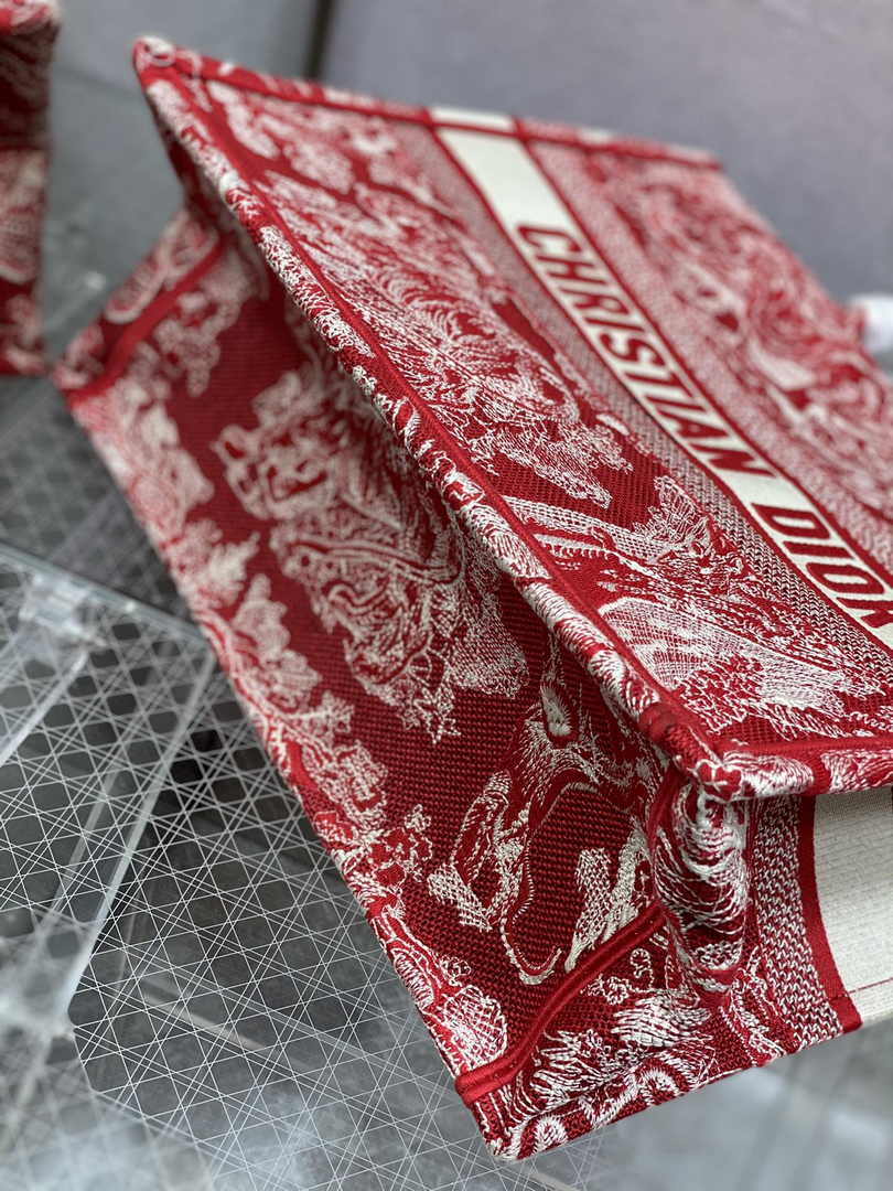 Medium Dior Book Tote M1296 Red Toile de Jouy Embroidery
