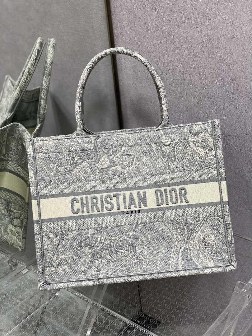 Medium Dior Book Tote M1296 Beige and Gray Toile de Jouy Embroidery