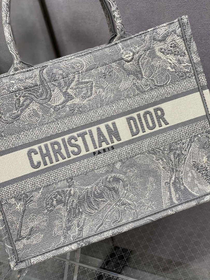 Medium Dior Book Tote M1296 Beige and Gray Toile de Jouy Embroidery
