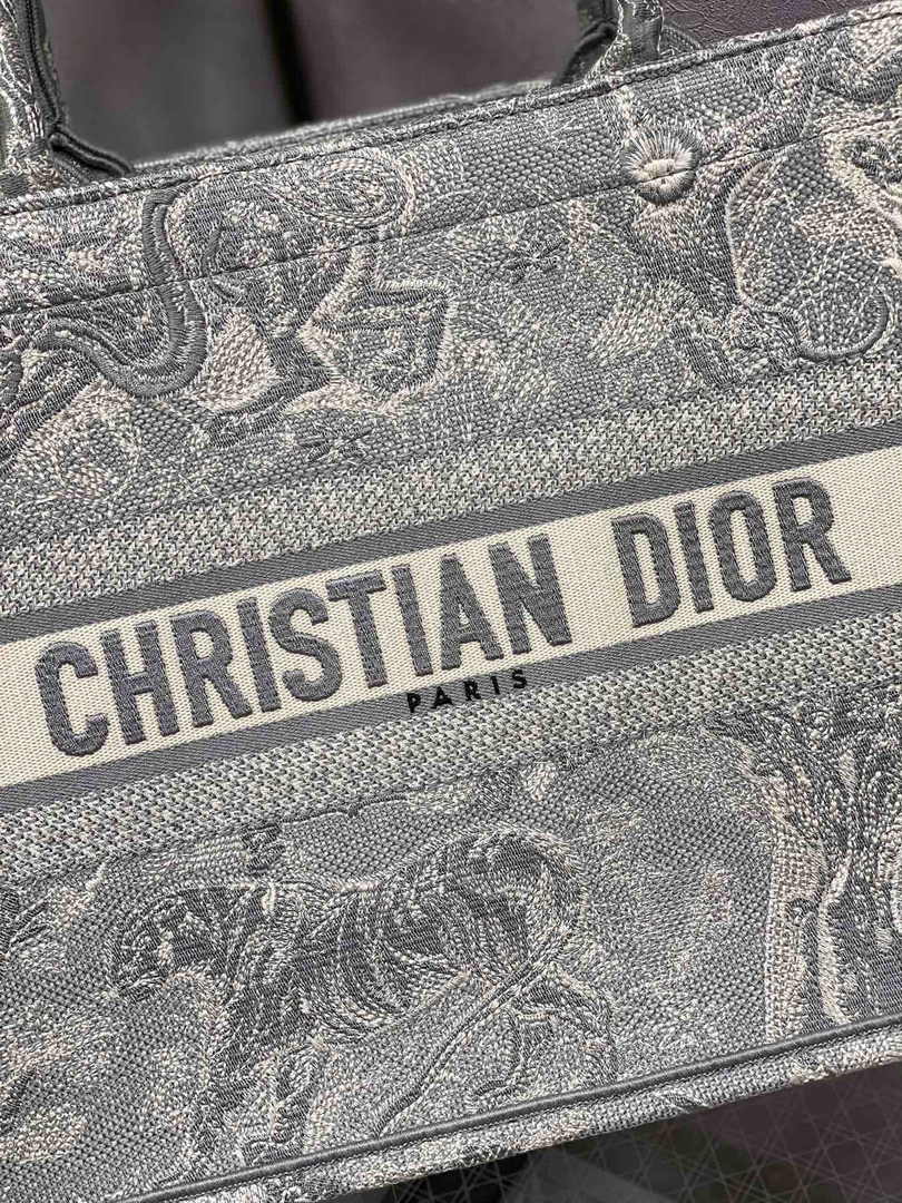 Medium Dior Book Tote M1296 Beige and Gray Toile de Jouy Embroidery