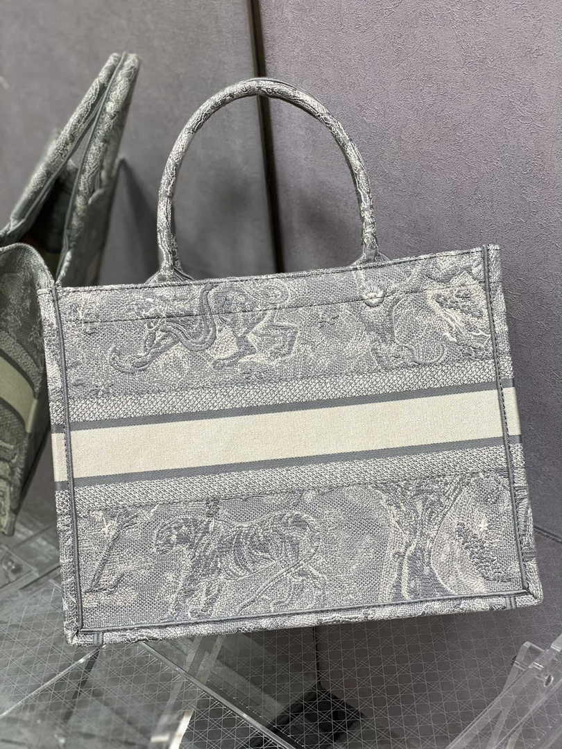 Medium Dior Book Tote M1296 Beige and Gray Toile de Jouy Embroidery