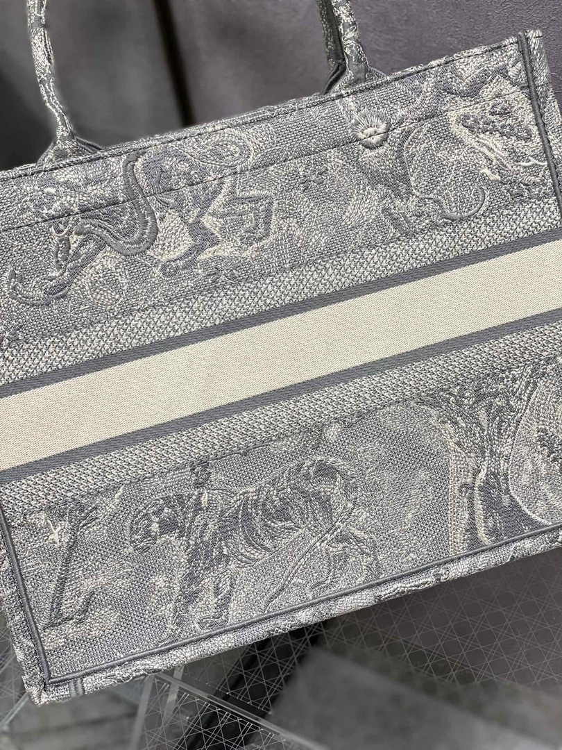 Medium Dior Book Tote M1296 Beige and Gray Toile de Jouy Embroidery