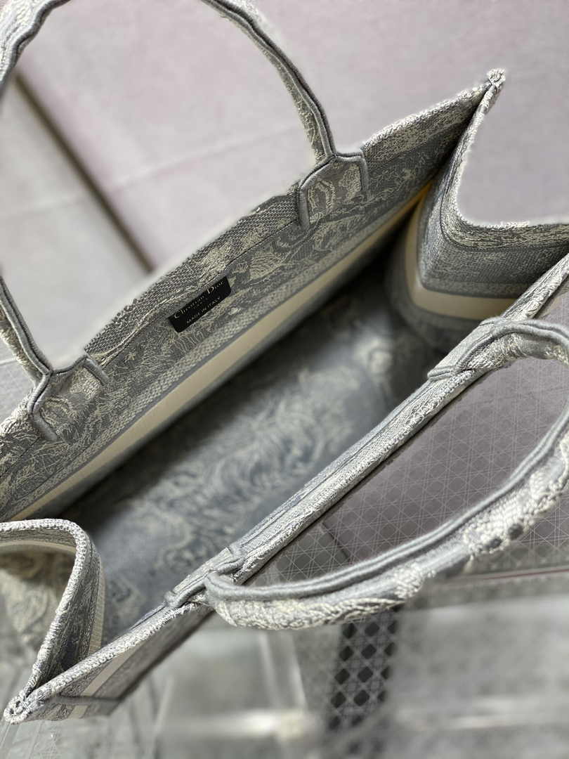 Medium Dior Book Tote M1296 Beige and Gray Toile de Jouy Embroidery