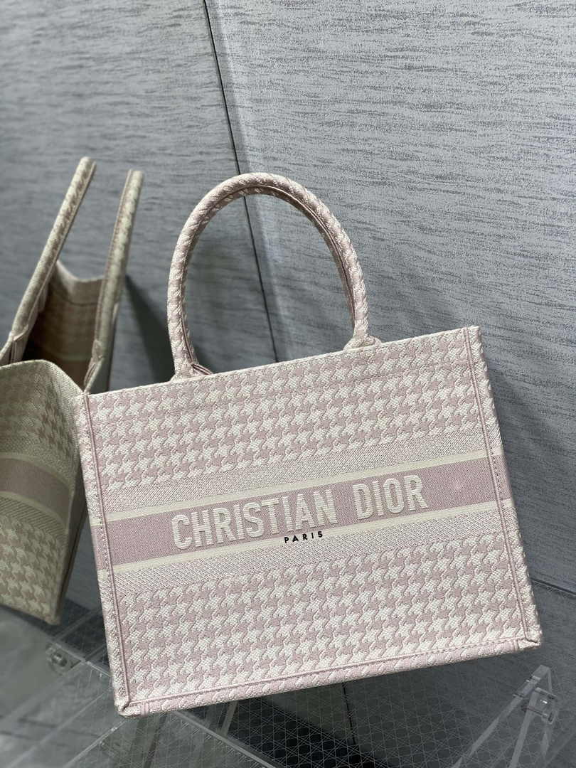 Medium Dior Book Tote M1296 Light Pink Houndstooth Embroidery