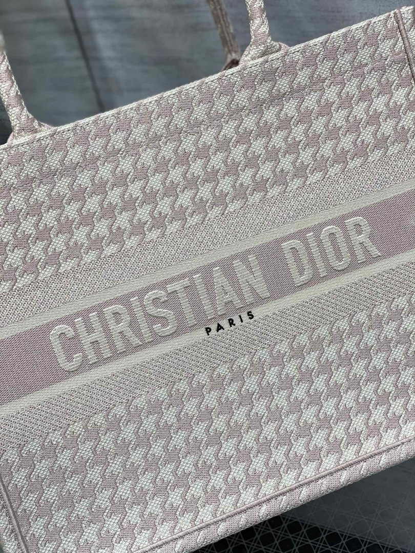 Medium Dior Book Tote M1296 Light Pink Houndstooth Embroidery