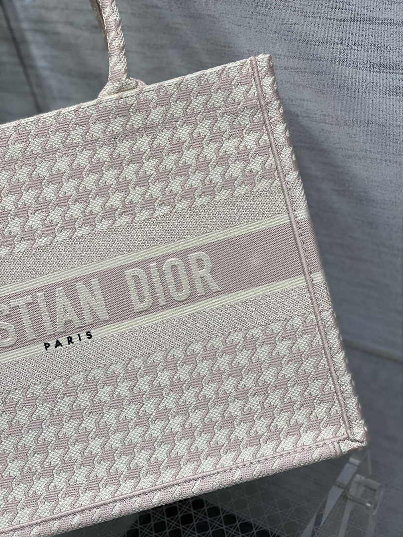 Medium Dior Book Tote M1296 Light Pink Houndstooth Embroidery