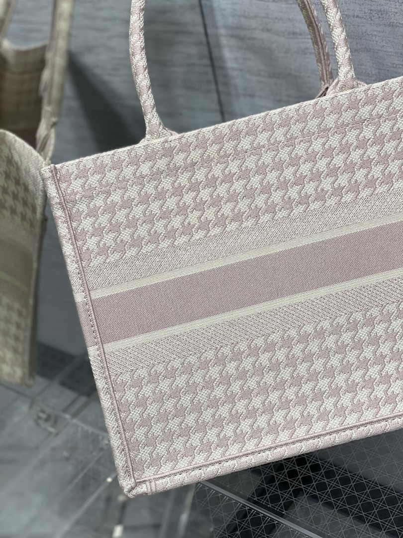 Medium Dior Book Tote M1296 Light Pink Houndstooth Embroidery