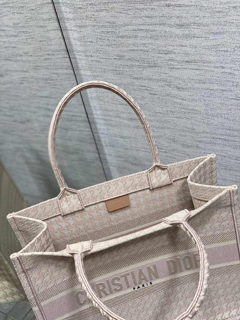 Medium Dior Book Tote M1296 Light Pink Houndstooth Embroidery
