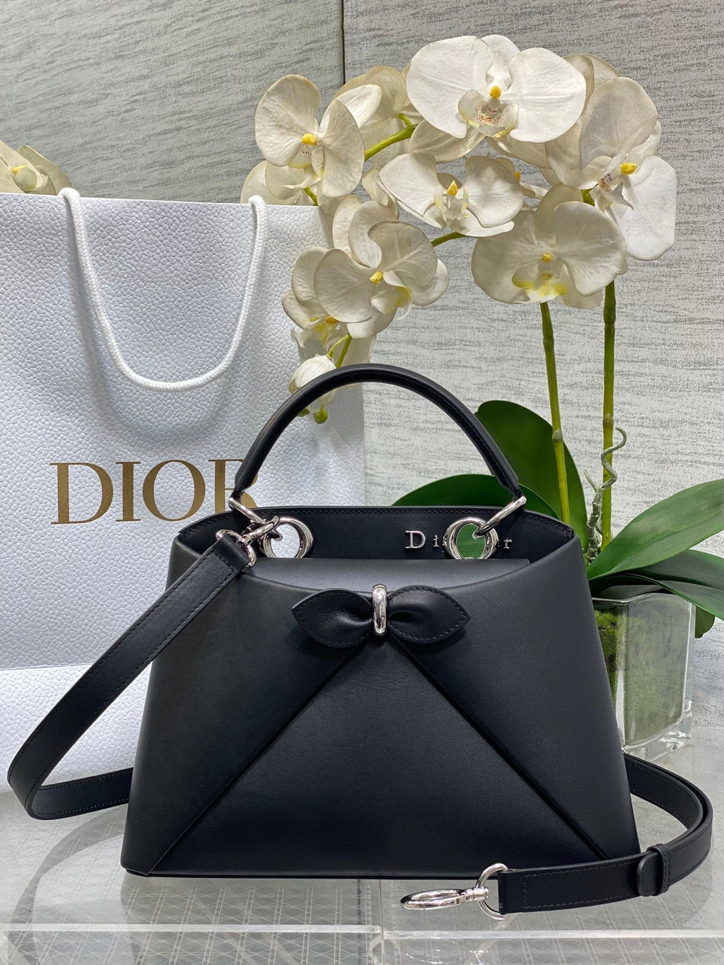 Dior Cigale Black Smooth Calfskin Top Handle Bag with Silver Hardware M0737 - Default Title - View 1