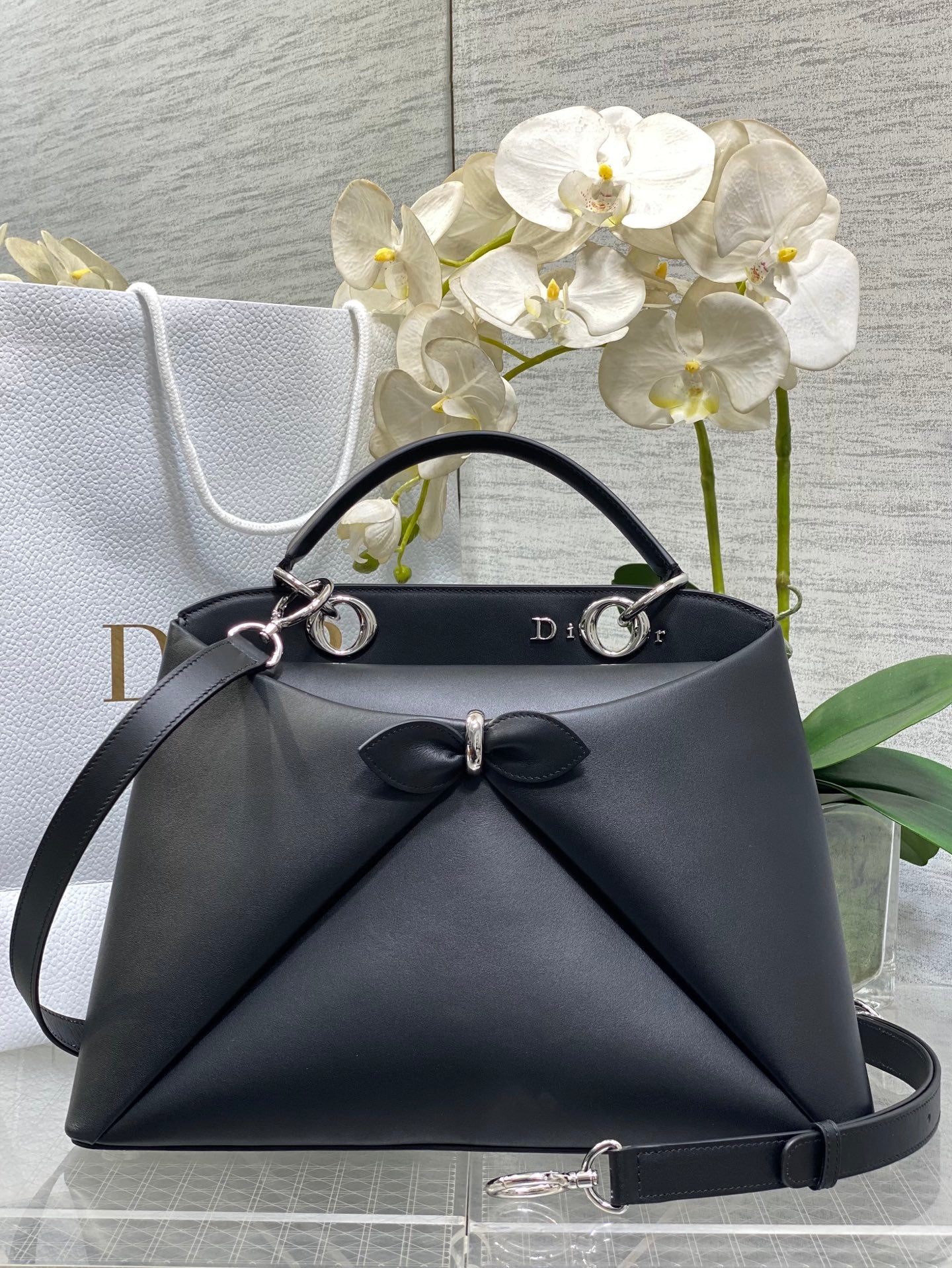Dior Cigale Large Black Smooth Calfskin Top Handle Bag with Silver Hardware M0738 - Default Title - View 1