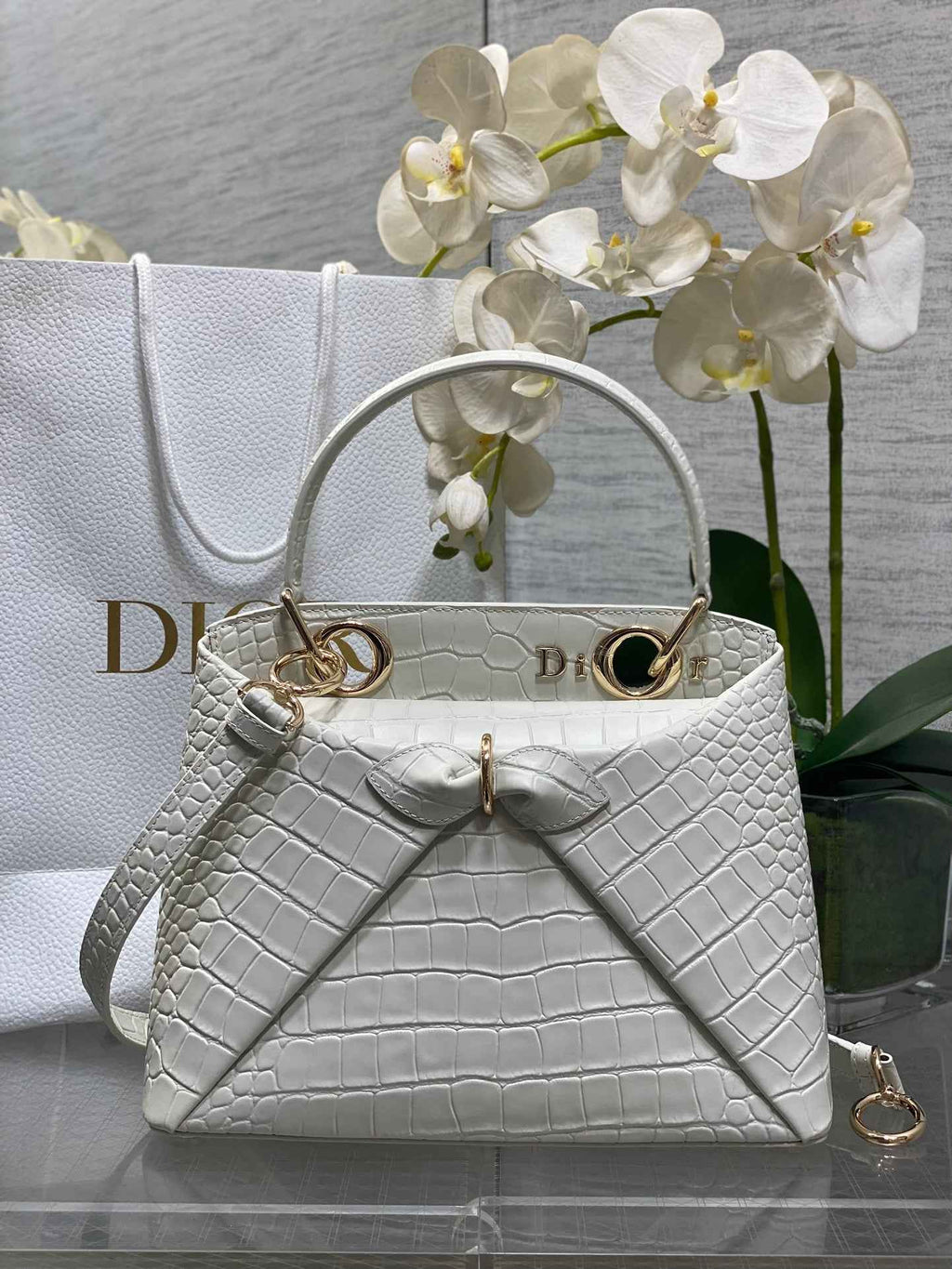 Dior Cigale Top Handle Bag - M0737 - White Crocodile Leather - Default Title - View 1