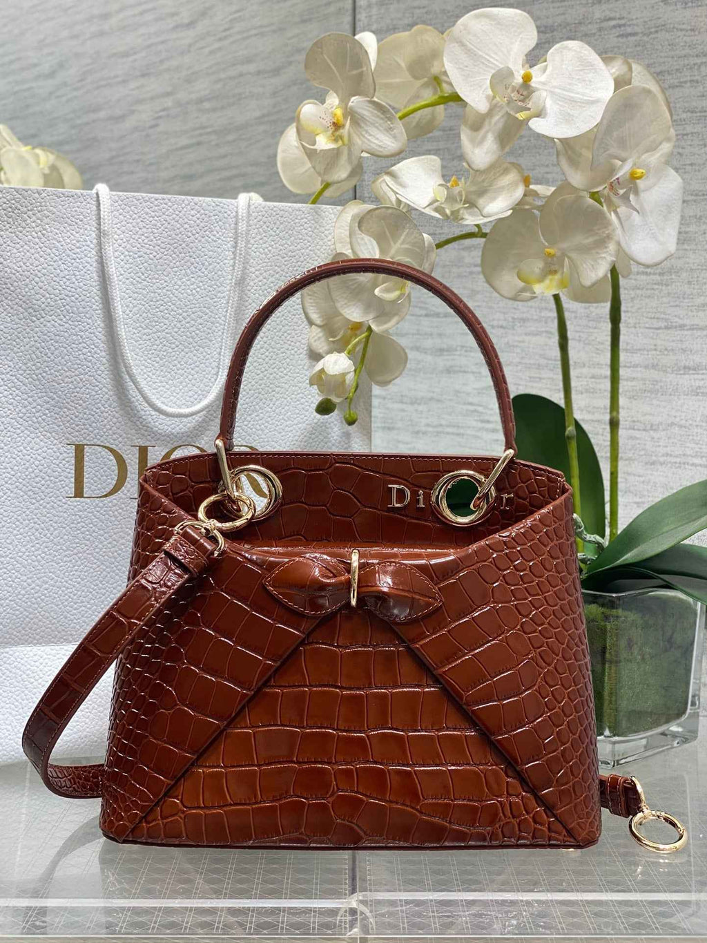 Dior Cigale Top Handle Bag - M0737 - Brown Crocodile Leather - Default Title - View 1