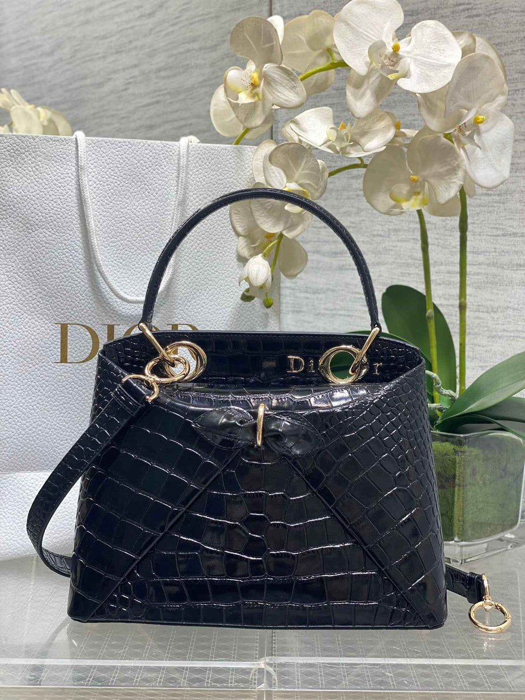 Dior Cigale Top Handle Bag - M0737 - Black Crocodile Leather - Default Title - View 1