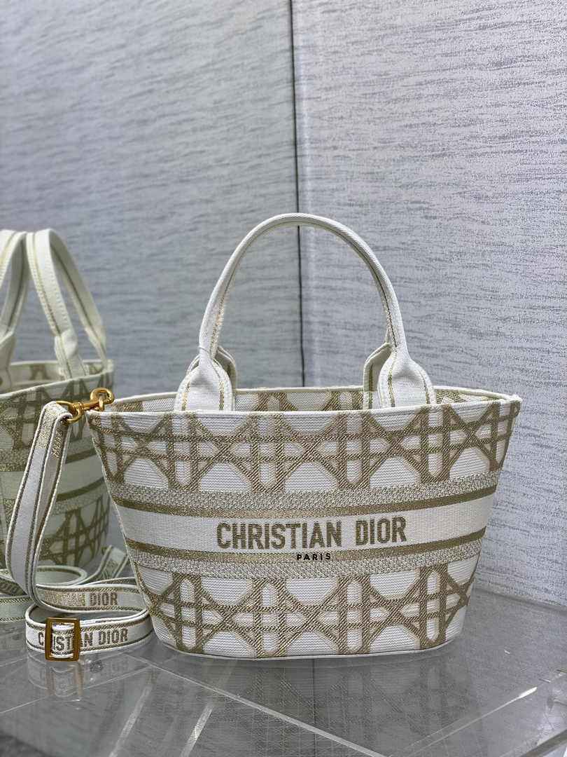 Dior Hat Basket Bag M1328 White and Gold-Tone Macrocannage Embroidery - Default Title - View 4