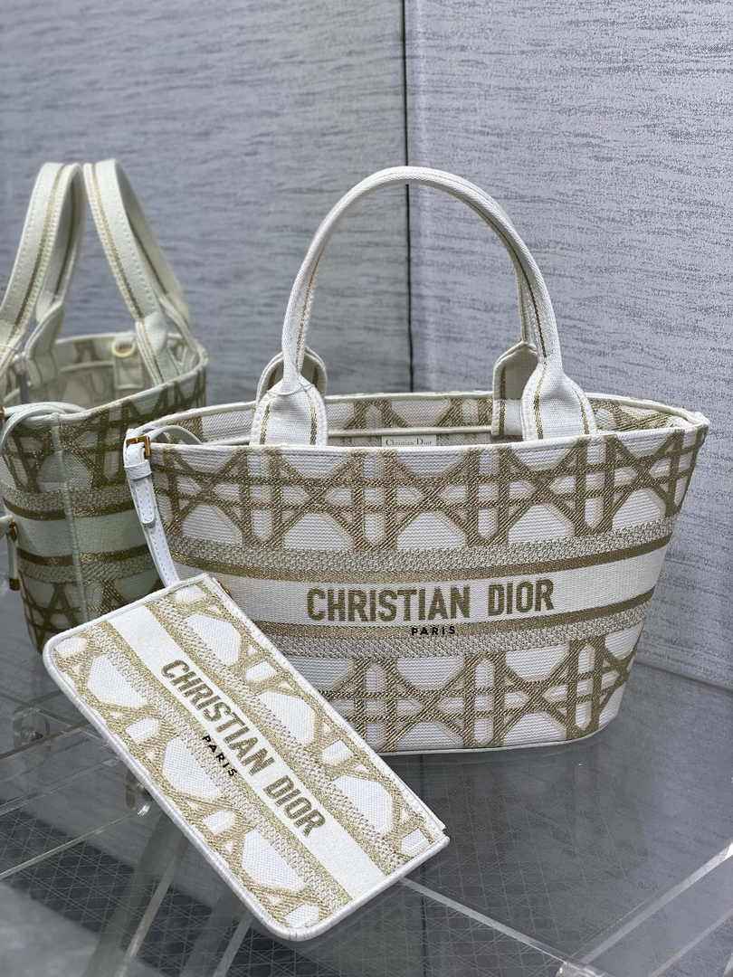 Dior Hat Basket Bag M1328 White and Gold-Tone Macrocannage Embroidery - Default Title - View 2